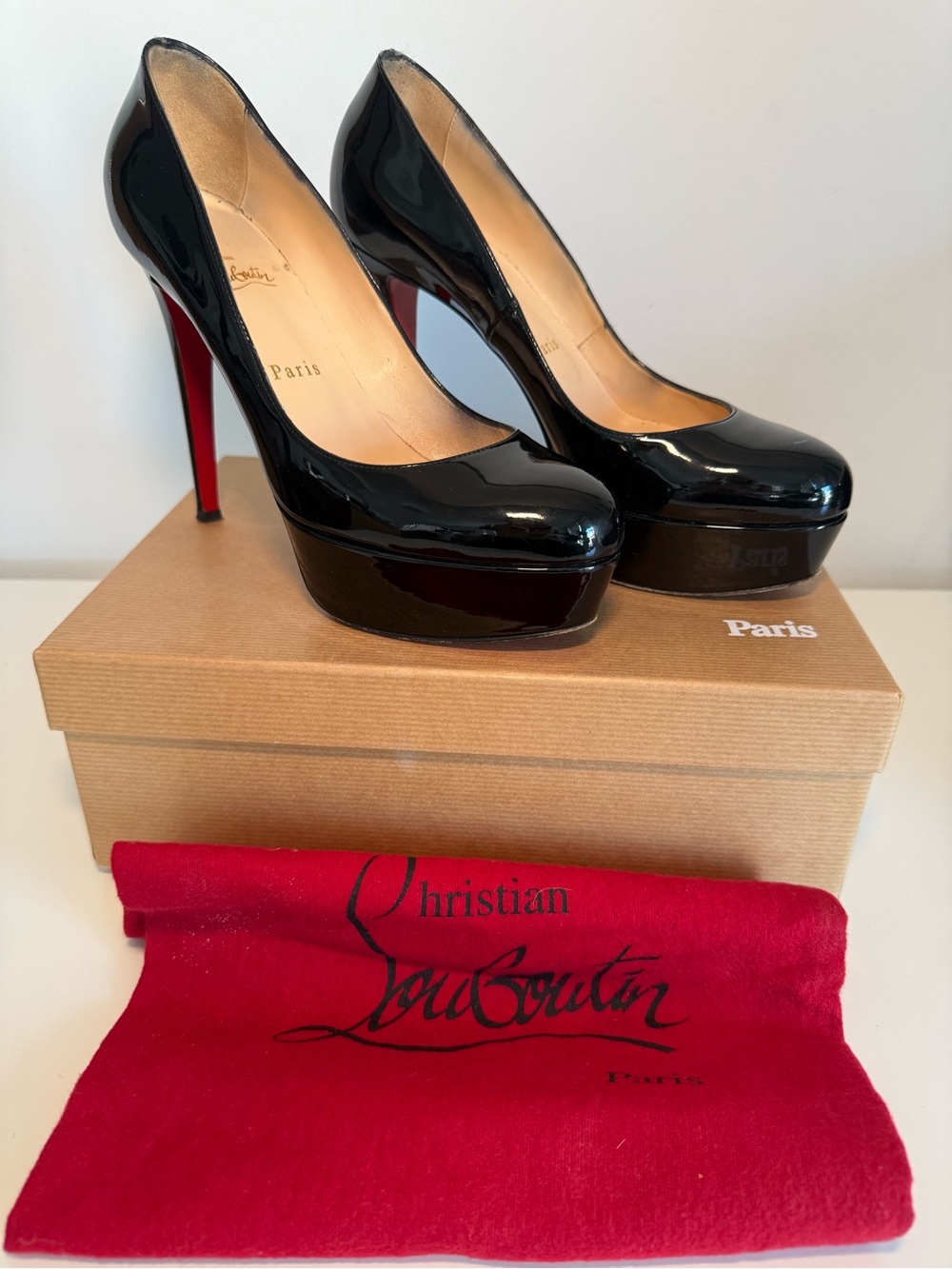 Christian Louboutin Black Patent Leather Platform Pumps (Bianca 120, EU39)